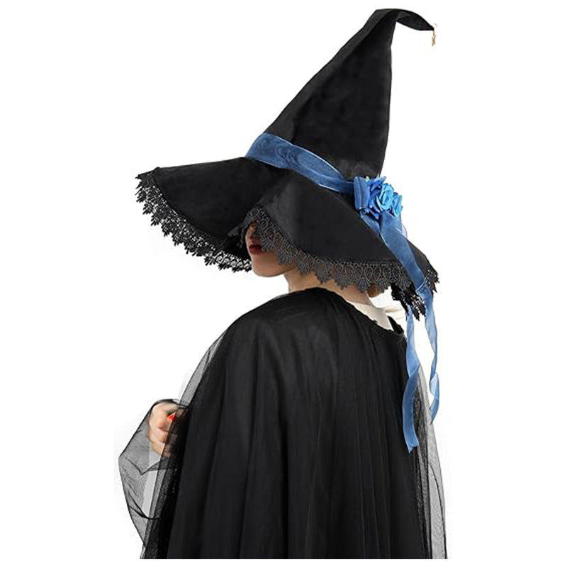 Women Witch Hat Black Velvet with Lace Brim Wizard Cosplay Hat