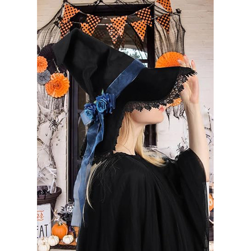 Women Witch Hat Black Velvet with Lace Brim Wizard Cosplay Hat