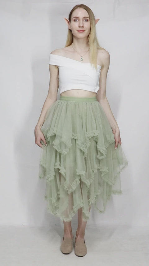 Tiered Tulle Skirt Ruffle Elastic Waist Midi Skirt