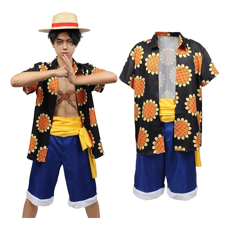 Luffy Shirt Cosplay Costume Outfit Sunflower Shirt Shorts with Sash for Men Halloween Costume Daily Wear