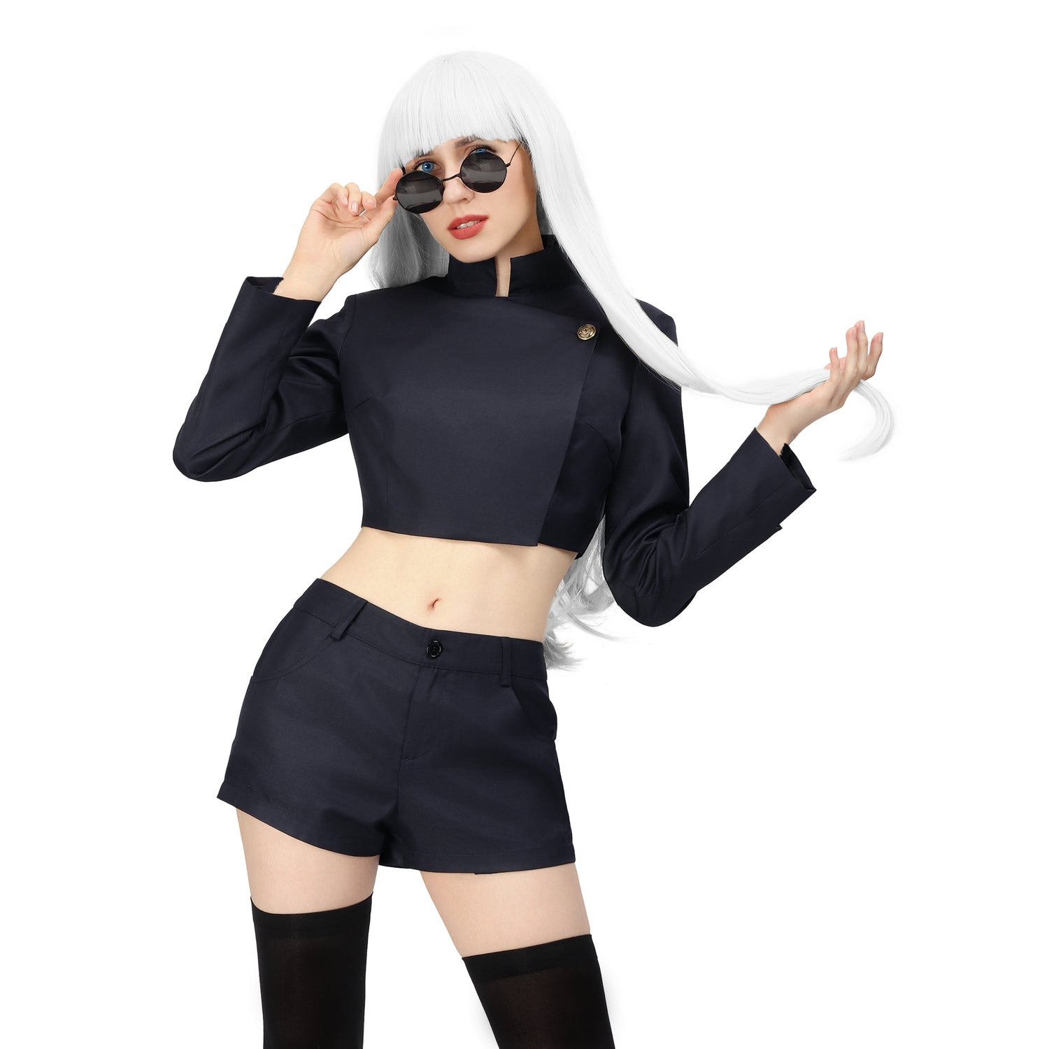 Satoru Cosplay Costume Jacket Shorts Thigh Stockings with Glasses Uniform Women