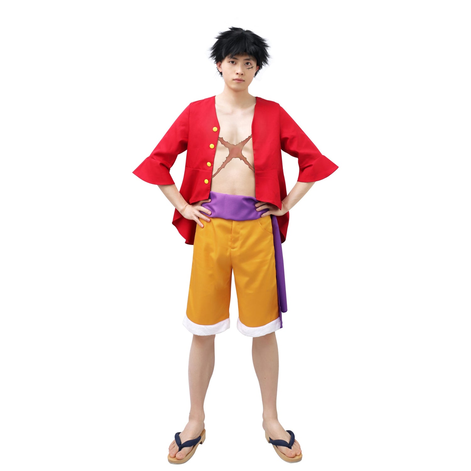 DAZCOS US Size Luffy Cosplay Wano Country Anime Costume Outfit with Purple Pirate Sash