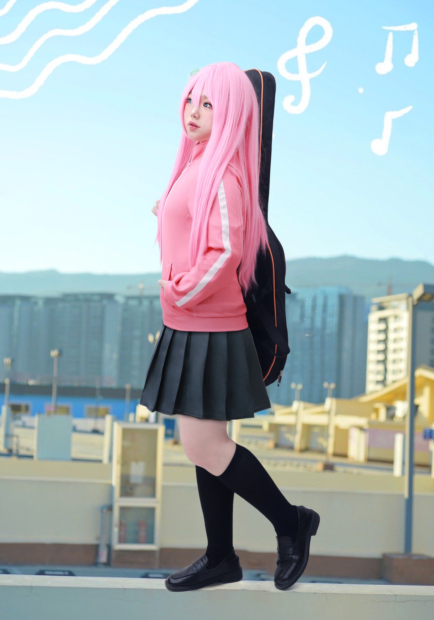 DAZCOS Bocchi the Rock Gotou Hitori Cosplay Costume Pink Coat Skirt Headdress Socks Set