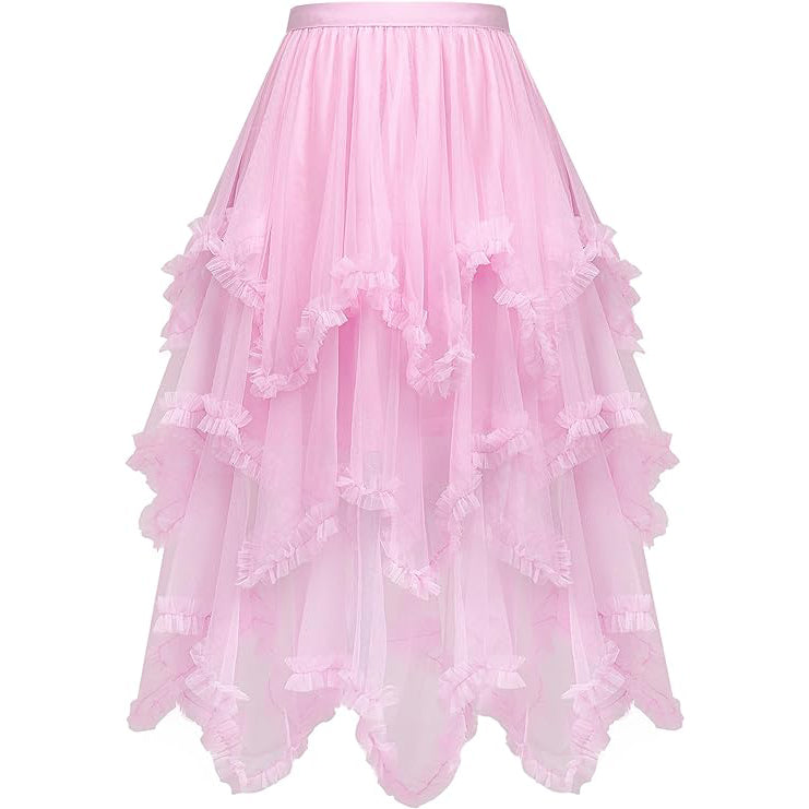 Tiered Tulle Skirt Ruffle Elastic Waist Midi Skirt