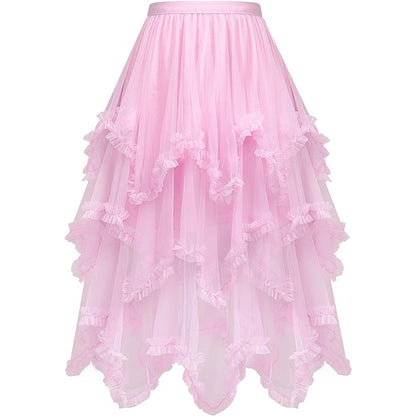 Tiered Tulle Skirt Ruffle Elastic Waist Midi Skirt