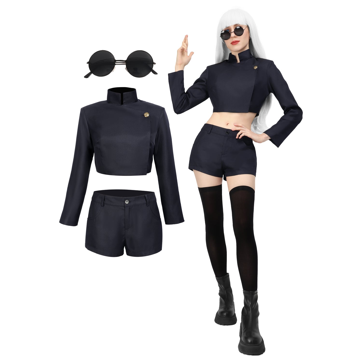 Satoru Cosplay Costume Jacket Shorts Thigh Stockings with Glasses Uniform Women