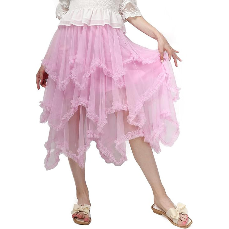 Tiered Tulle Skirt Ruffle Elastic Waist Midi Skirt
