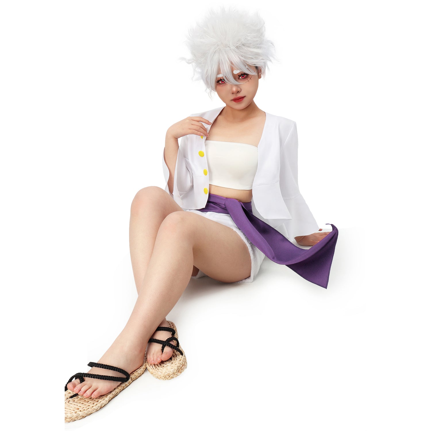 DAZCOS Luffy Gear 5 Female Version Cosplay Costume Outfit White Shirt Pants and Purple Sash