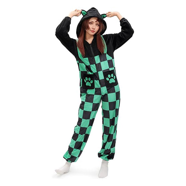 Kamado Tanjirou Cosplay Onesie Pajamas Hooded Sleepwear for Women Halloween Costume