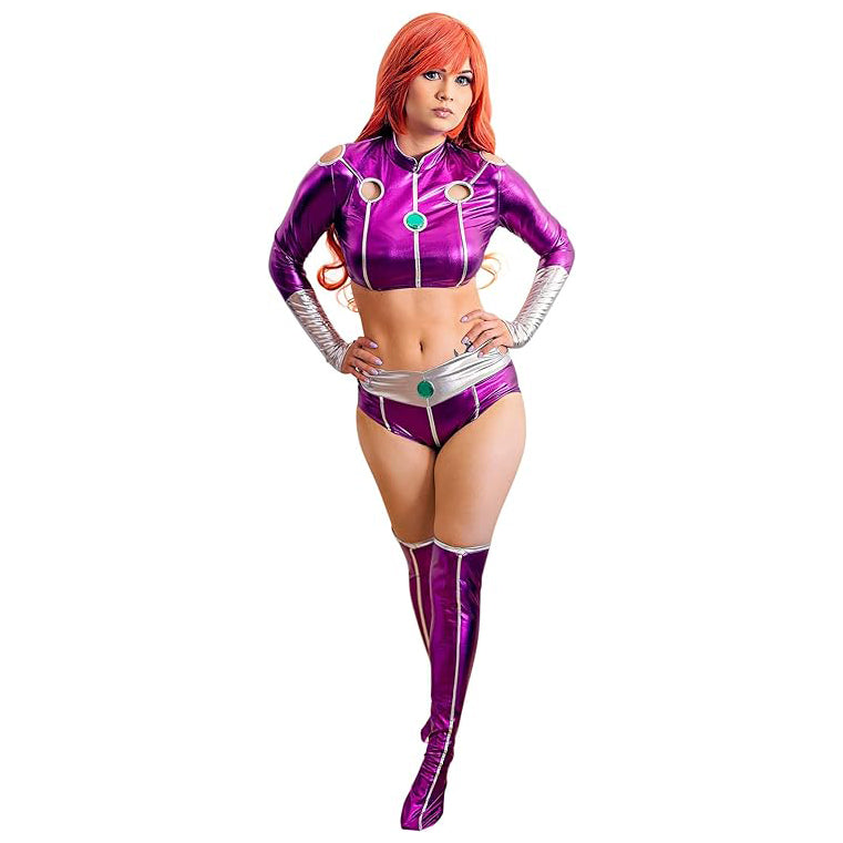 Women Purple Hero Suit Cosplay Costume Crop Top with Stockings for Halloween Christmas