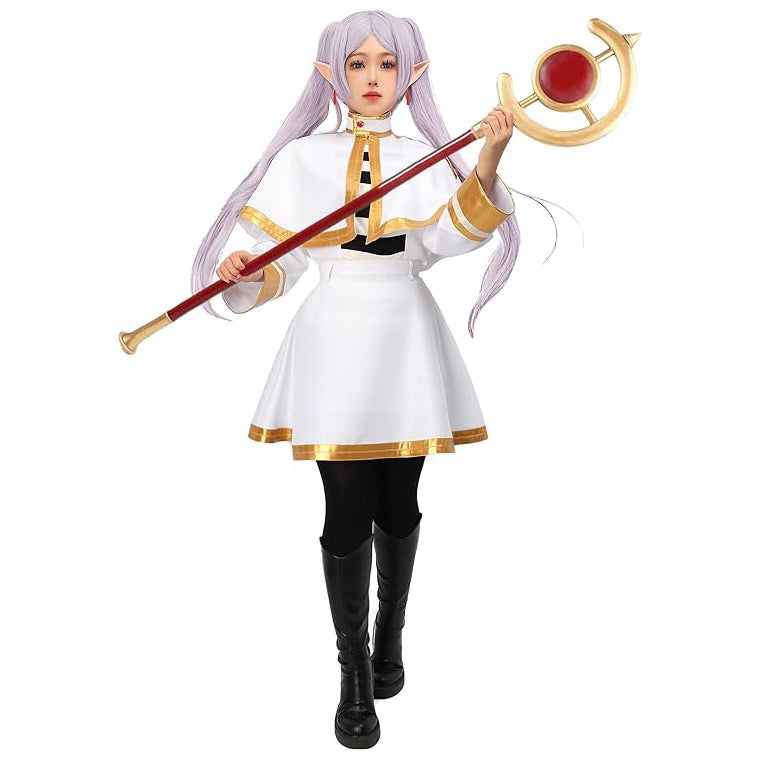 Frieren Costume Elf Cosplay White Cape Skirt Uniform with Pantyhose and Earrings