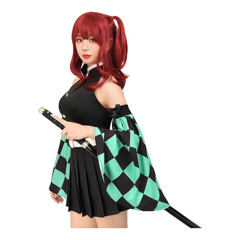 Kamado Tanjirou Cosplay Women Costume Top Pleated Skirt Detachable Sleeves with Belt