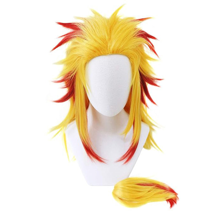 Japanese Anime Rengoku Cosplay Wig with Clip Gradient Gold Red Hair for Halloween