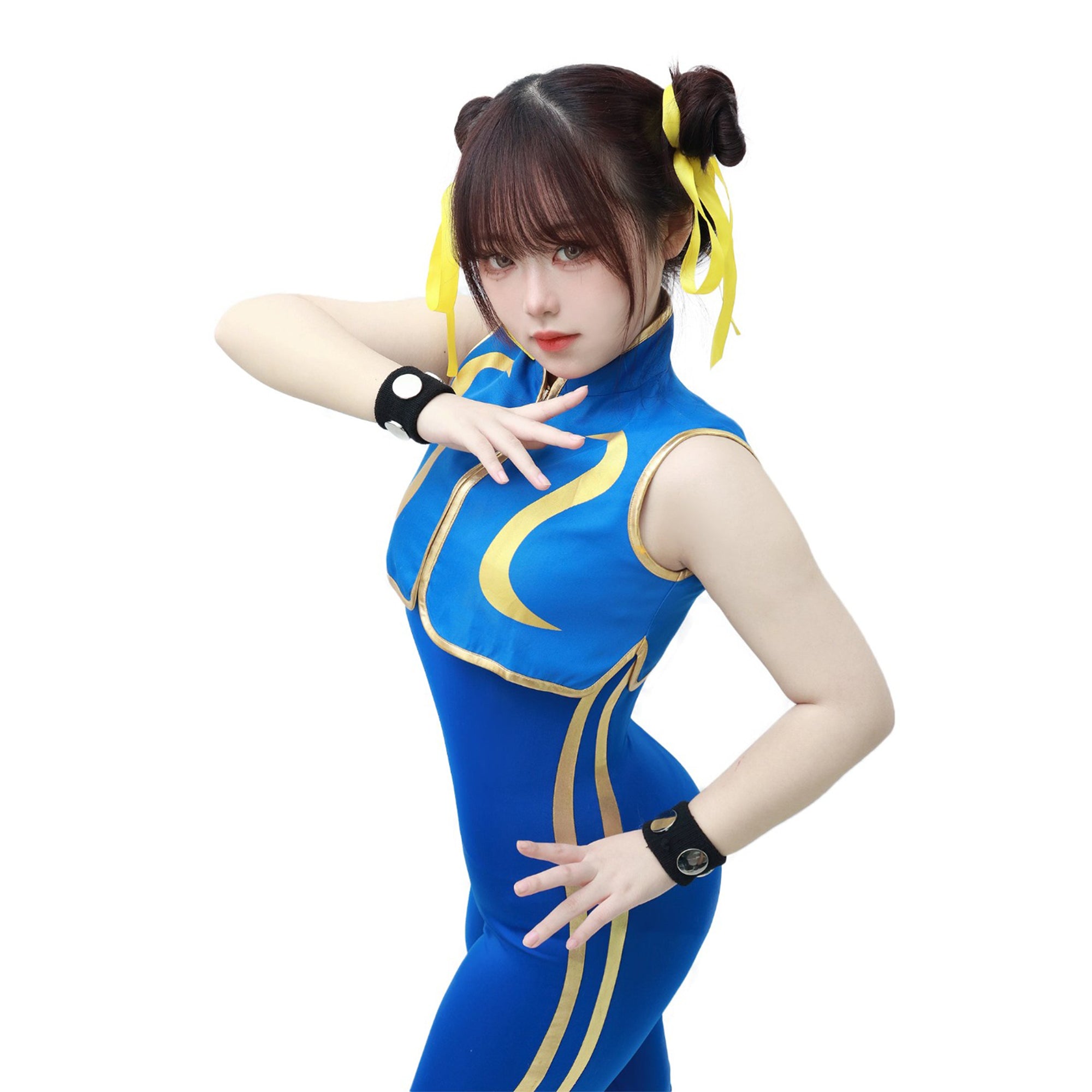 DAZCOS Femme Taille US Chun Li Cosplay Costume Body avec Bracelet et Attaches pour Cheveux