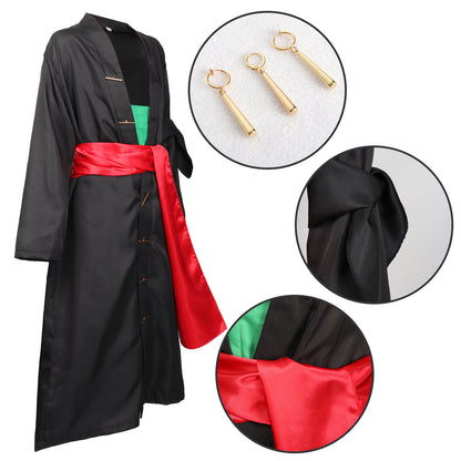 Roronoa Zoro Cosplay Costume Black Kimono Robe Cloak with Sash Armband and Earrings