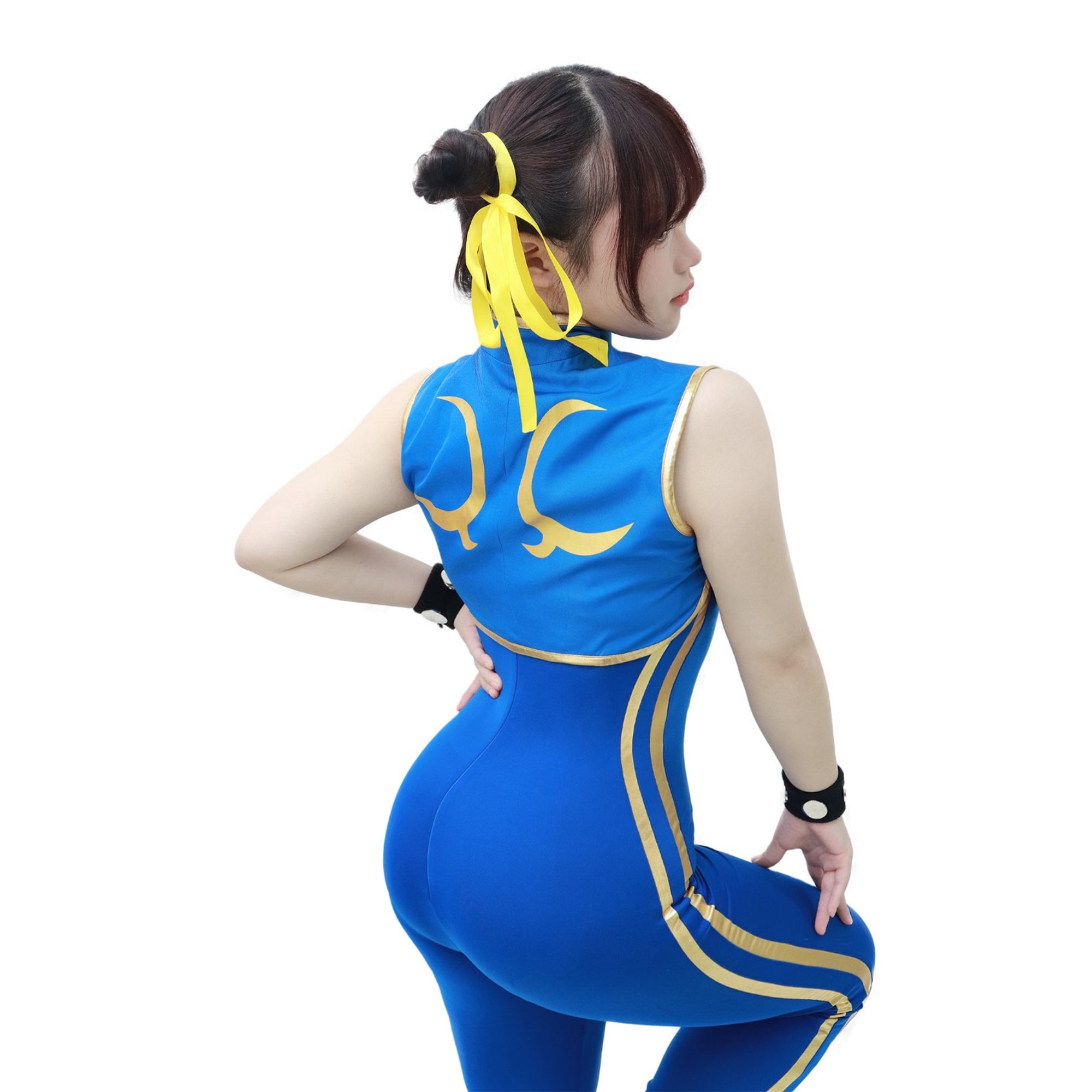 DAZCOS Femme Taille US Chun Li Cosplay Costume Body avec Bracelet et Attaches pour Cheveux