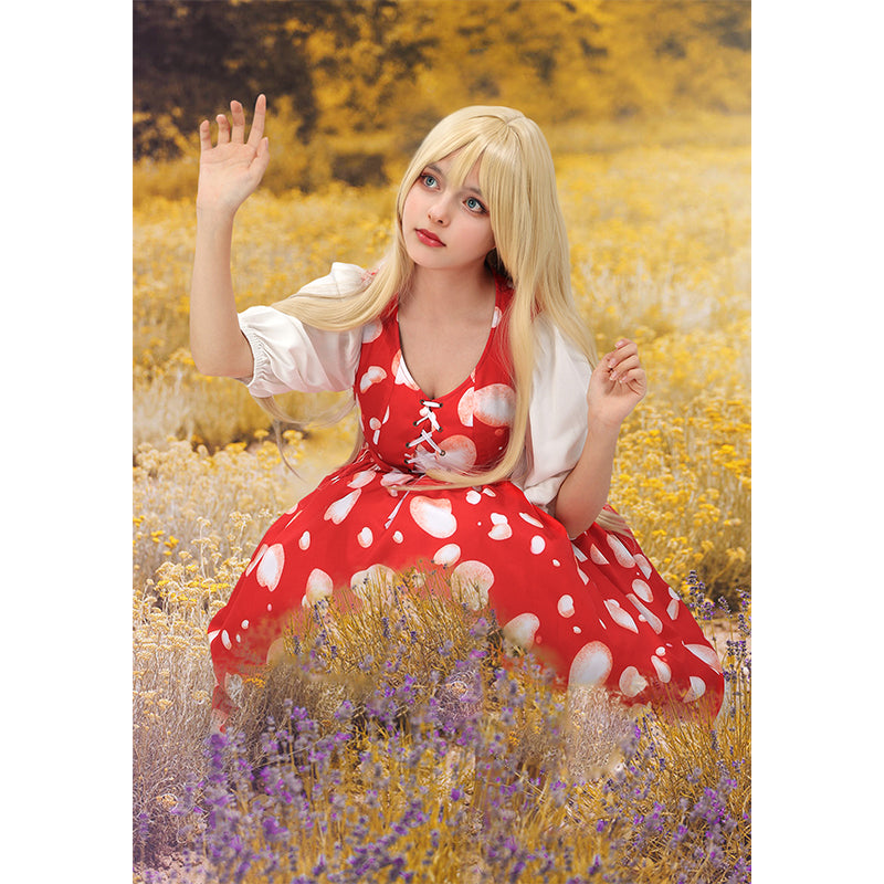 Women Mushroom Spotted Dress Short Sleeve Girl Mushroom Dress US Size L