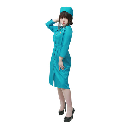 Ratched Cosplay Costume Blue Nurse Dress with Belt and Hat