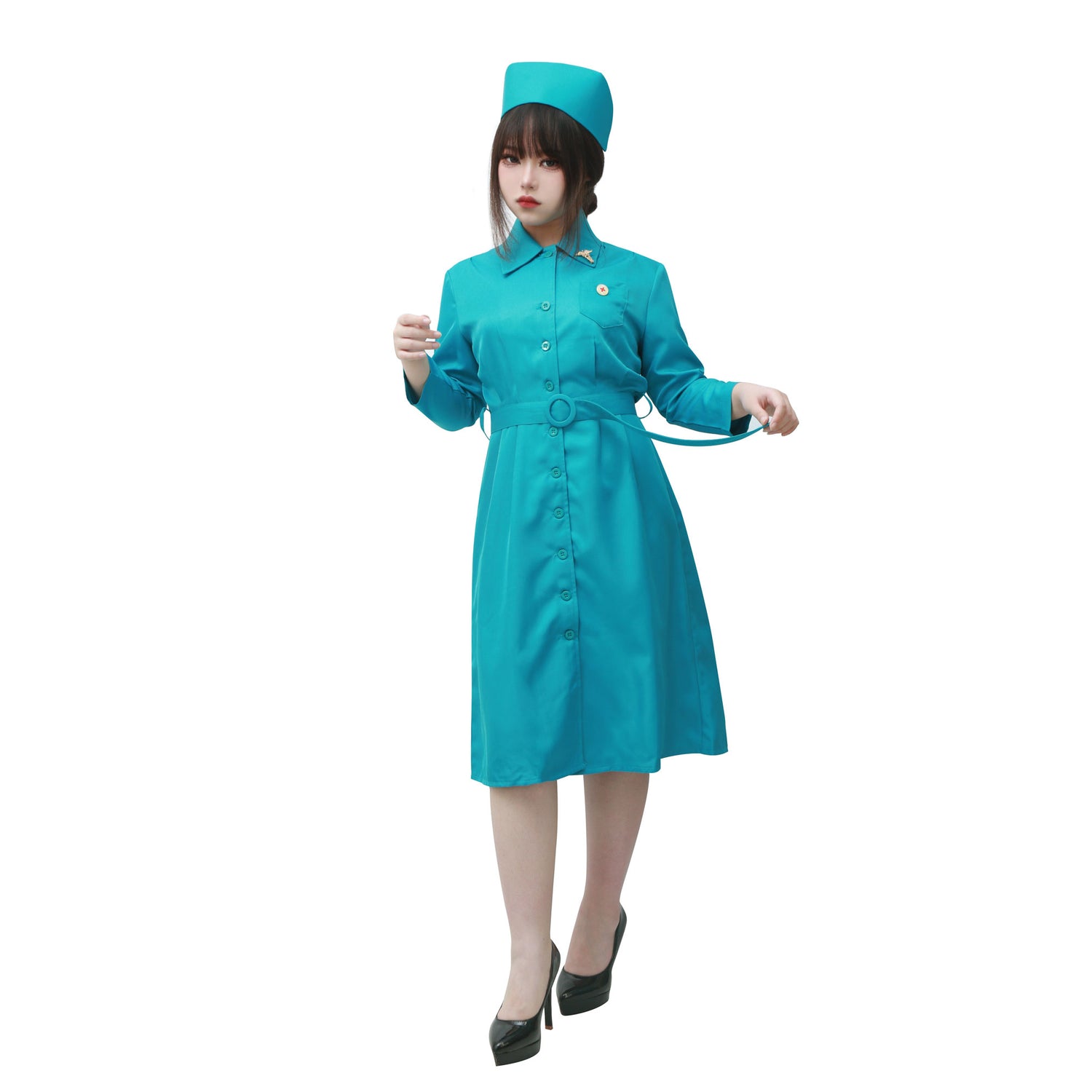 Ratched Cosplay Costume Blue Nurse Dress with Belt and Hat