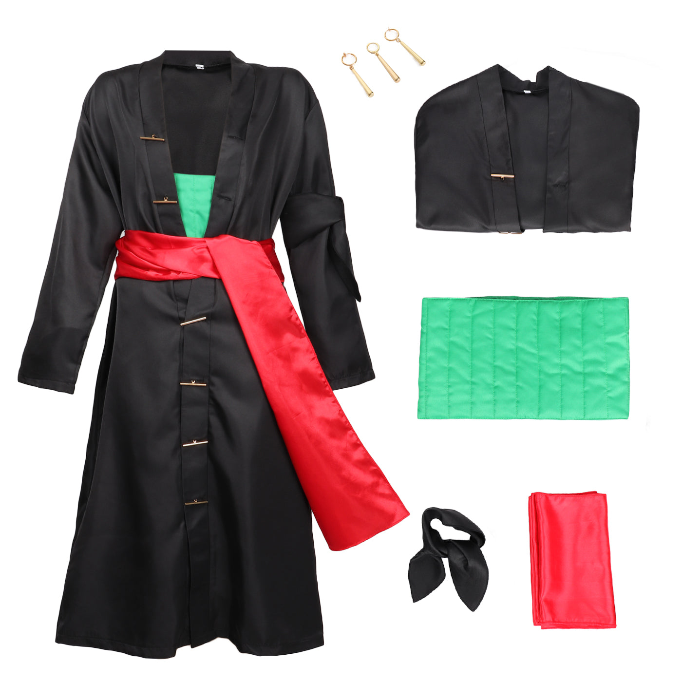 Roronoa Zoro Cosplay Costume Black Kimono Robe Cloak with Sash Armband and Earrings
