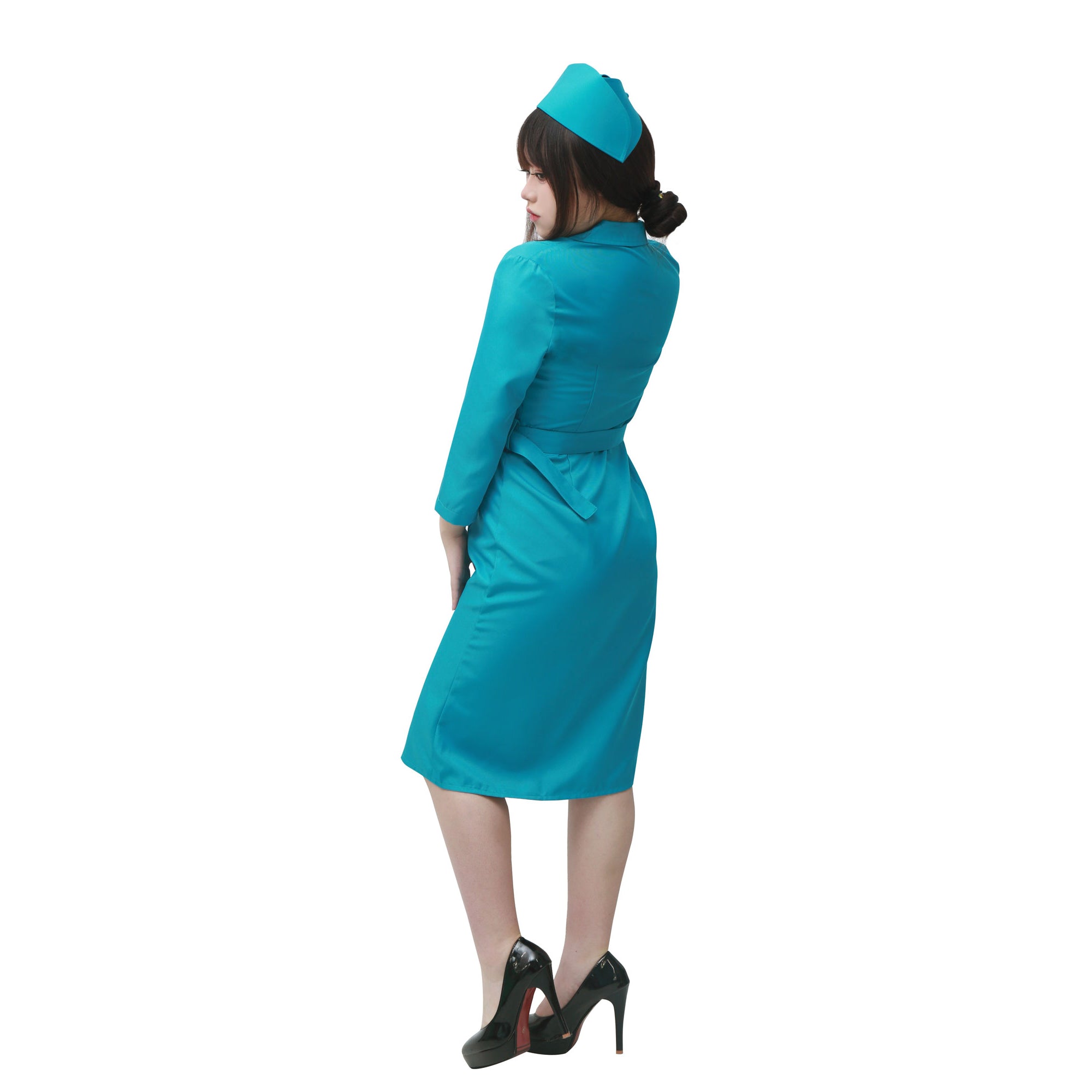 Ratched Cosplay Costume Blue Nurse Dress with Belt and Hat