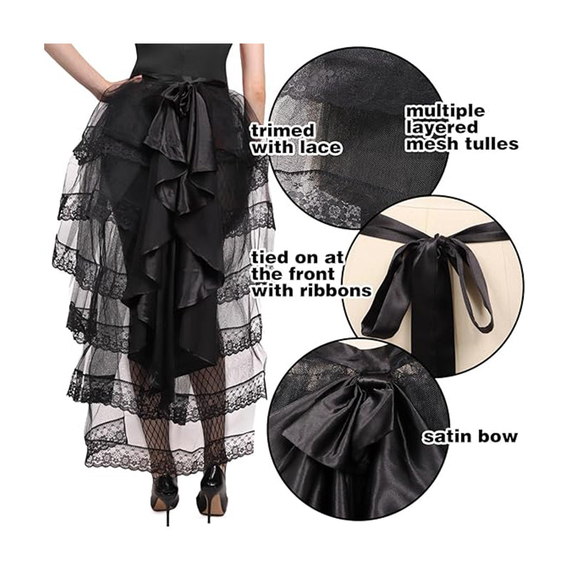 Gothic Steampunk Tulle Bustle Skirt Lace Victorian Tie-on Tutu With Big Black Bow Halloween Costume Accessories