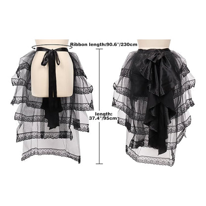 Gothic Steampunk Tulle Bustle Skirt Lace Victorian Tie-on Tutu With Big Black Bow Halloween Costume Accessories