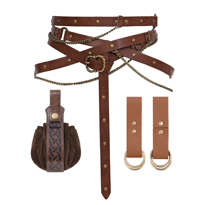 Medieval Belt Pouch Set Faux Leather Metal Chain Belts Renaissance Pouch Skirt Hikes Dresses Hikes 4Pcs Set