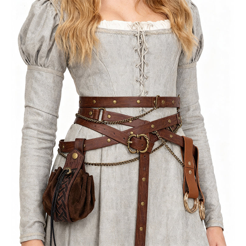 Medieval Belt Pouch Set Faux Leather Metal Chain Belts Renaissance Pouch Skirt Hikes Dresses Hikes 4Pcs Set