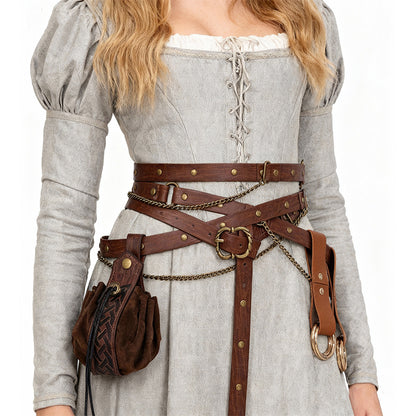 Medieval Belt Pouch Set Faux Leather Metal Chain Belts Renaissance Pouch Skirt Hikes Dresses Hikes 4Pcs Set