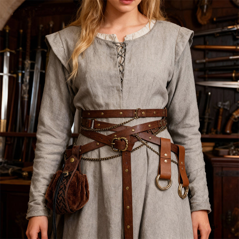 Medieval Belt Pouch Set Faux Leather Metal Chain Belts Renaissance Pouch Skirt Hikes Dresses Hikes 4Pcs Set