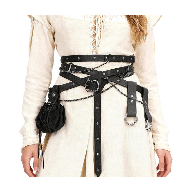 Medieval Belt Pouch Set Faux Leather Metal Chain Belts Renaissance Pouch Skirt Hikes Dresses Hikes 4Pcs Set