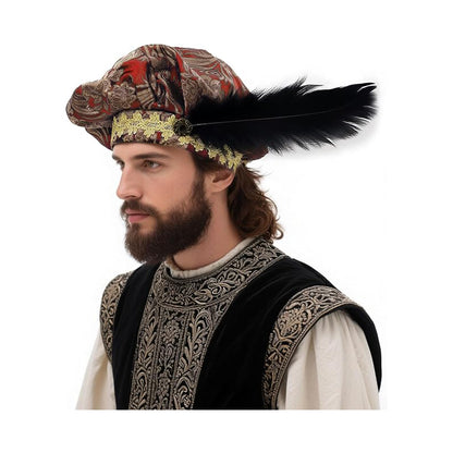 Medieval Beret Tudor Cap With Feather Renaissance Hat Muffin Bard Cap Hat Cosplay Costume Accessories