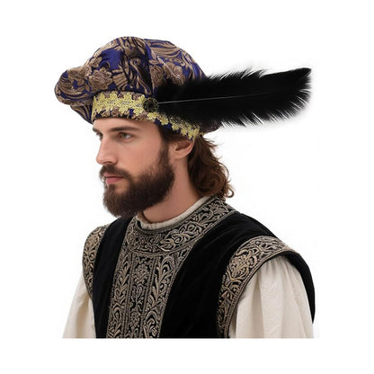 Medieval Beret Tudor Cap With Feather Renaissance Hat Muffin Bard Cap Hat Cosplay Costume Accessories