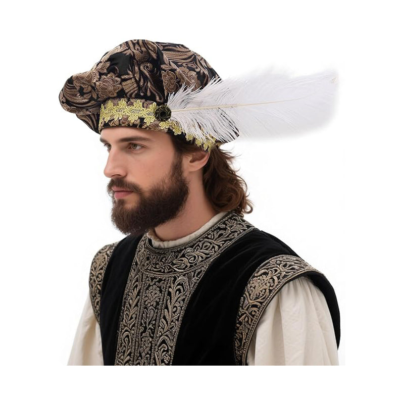 Medieval Beret Tudor Cap With Feather Renaissance Hat Muffin Bard Cap Hat Cosplay Costume Accessories