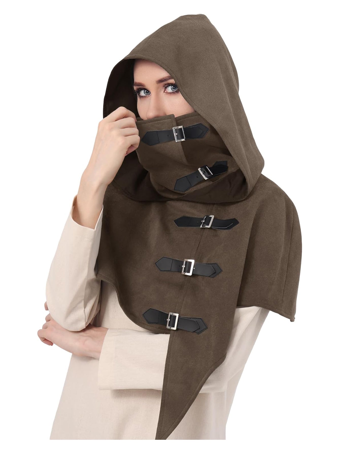 Medieval Cowl Hood With Buckles Renaissance Hooded Cape Hat Costume Accessories For Halloween Party
