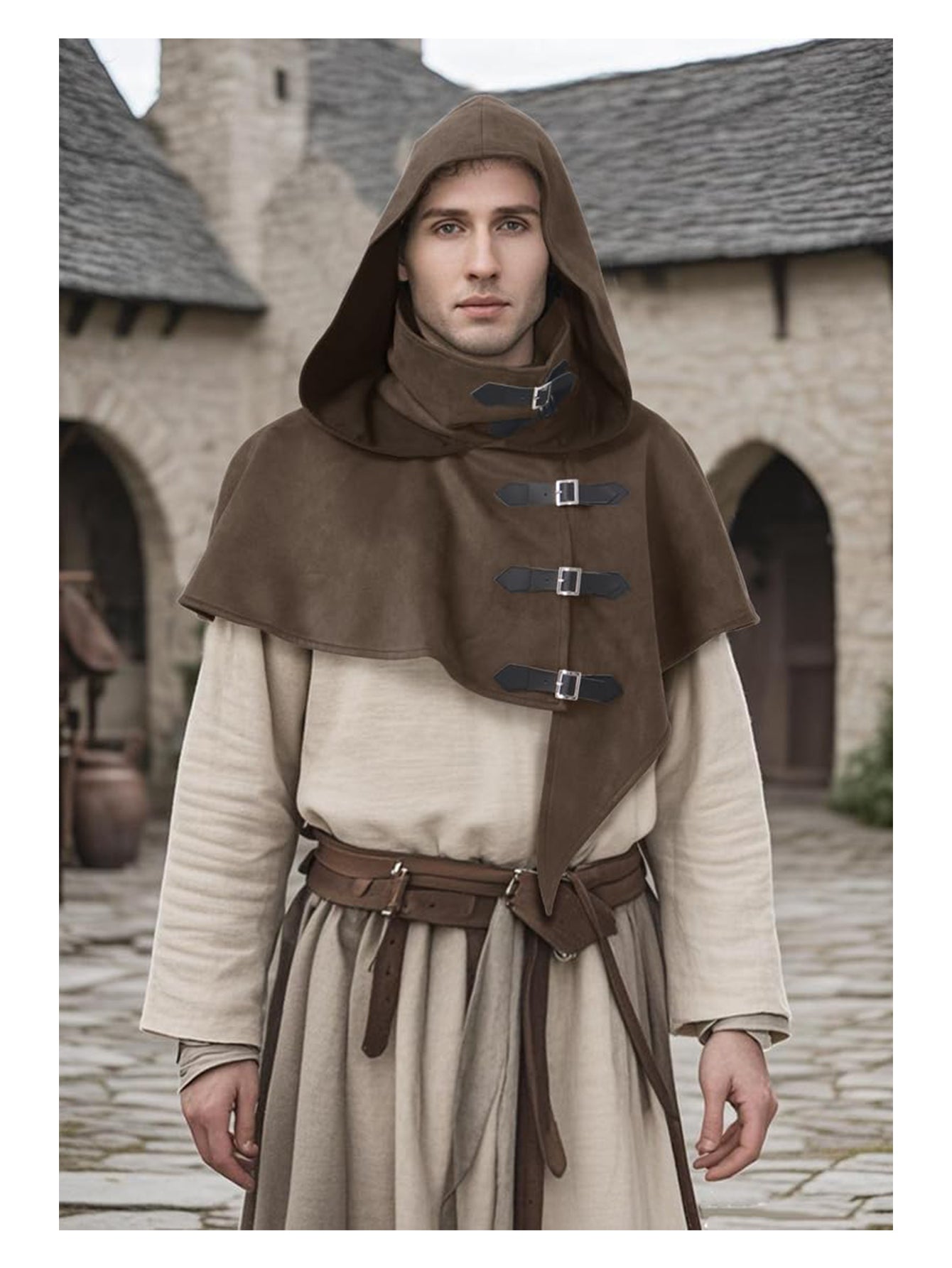 Medieval Cowl Hood With Buckles Renaissance Hooded Cape Hat Costume Accessories For Halloween Party