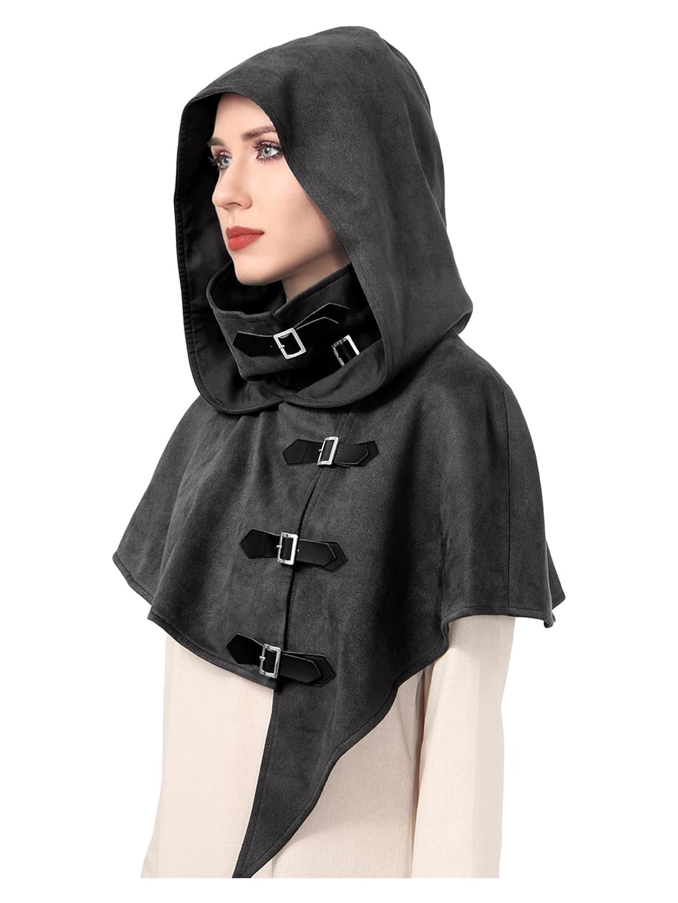 Medieval Cowl Hood With Buckles Renaissance Hooded Cape Hat Costume Accessories For Halloween Party