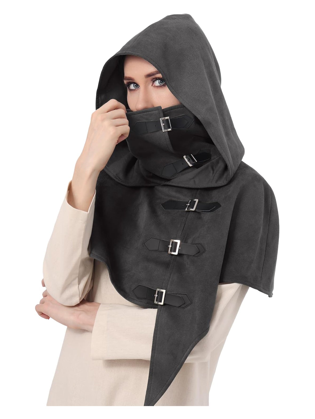 Medieval Cowl Hood With Buckles Renaissance Hooded Cape Hat Costume Accessories For Halloween Party