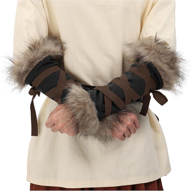 Medieval Faux Fur Arm Wrap Linen Cuffs Renaissance Eskimo LARP Arm Wraps Costume Accessories