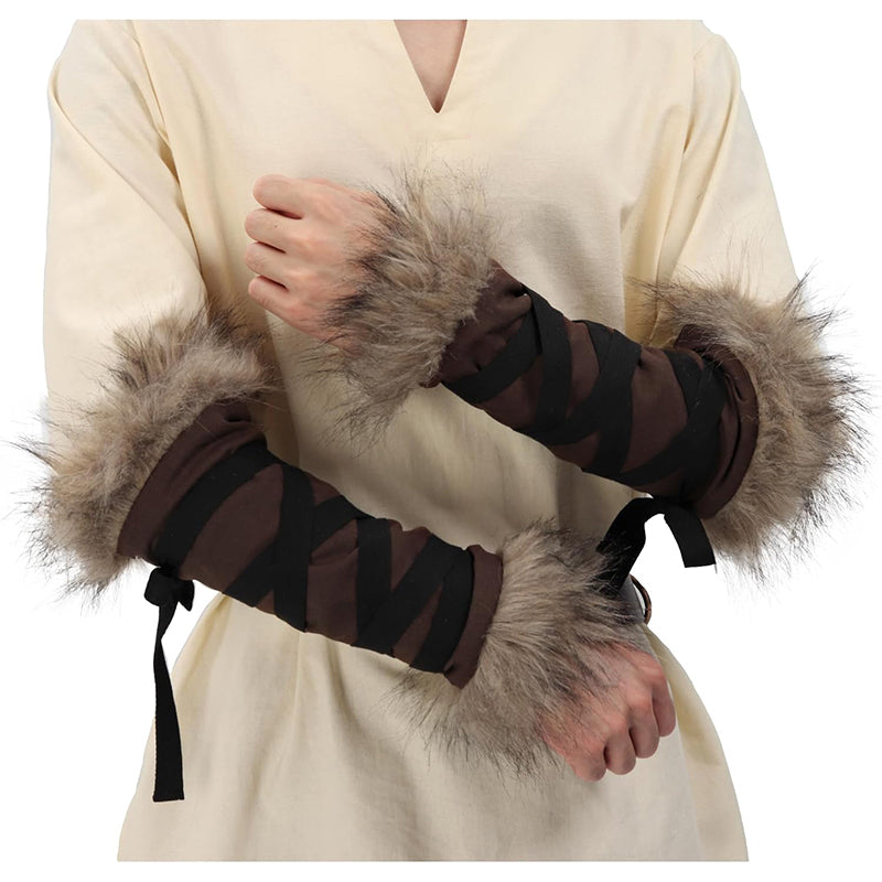 Medieval Faux Fur Arm Wrap Linen Cuffs Renaissance Eskimo LARP Arm Wraps Costume Accessories