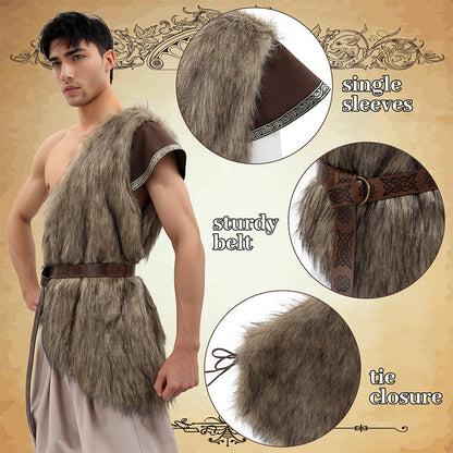 Medieval Faux Fur Vest Brown Fuzzy Waistcoat LARP Eskimo Costume with Belt Costume Accessories