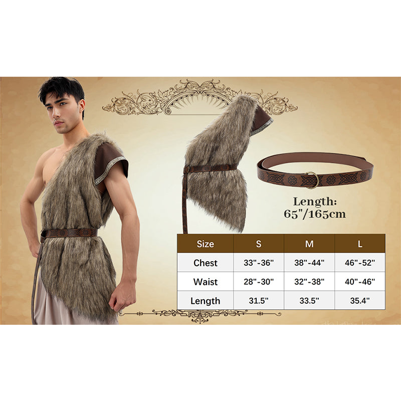 Medieval Faux Fur Vest Brown Fuzzy Waistcoat LARP Eskimo Costume with Belt Costume Accessories