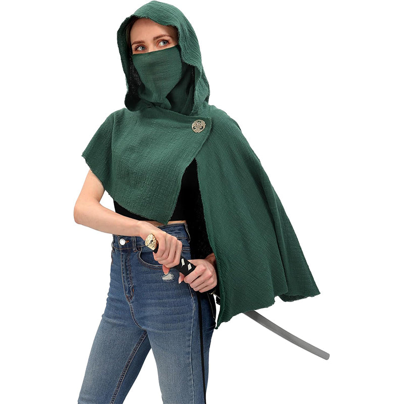 Medieval Hooded Shawl Scarf Renaissance Post Apocalyptic Cowl Hood Cloak With Face Cover Brooch Costume Accessories
