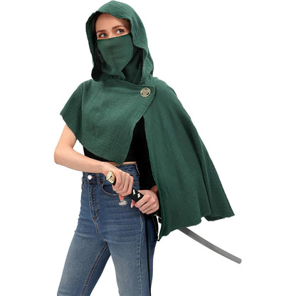 Medieval Hooded Shawl Scarf Renaissance Post Apocalyptic Cowl Hood Cloak With Face Cover Brooch Costume Accessories