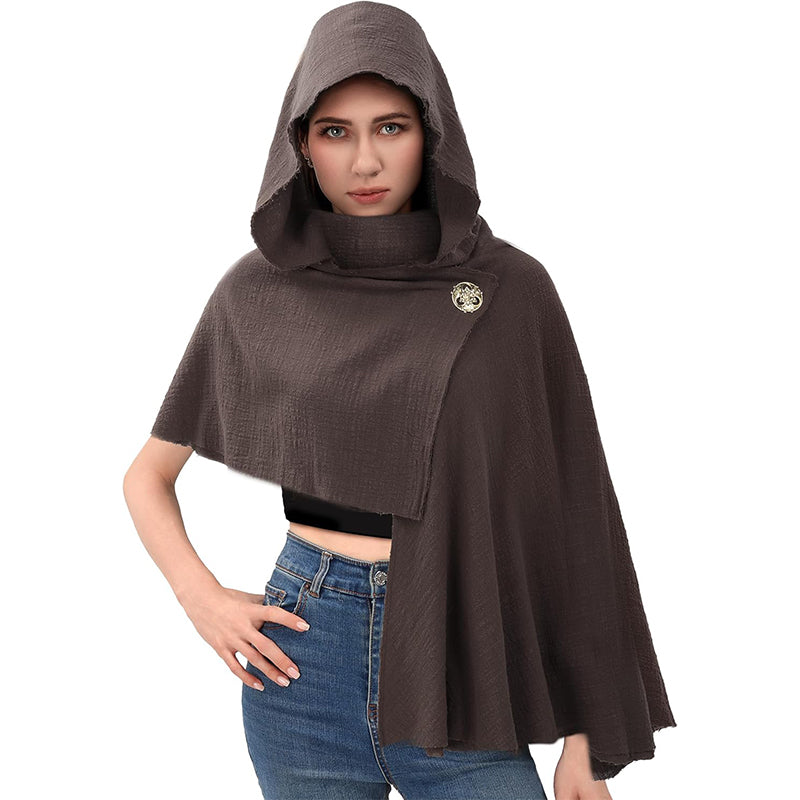 Medieval Hooded Shawl Scarf Renaissance Post Apocalyptic Cowl Hood Cloak With Face Cover Brooch Costume Accessories