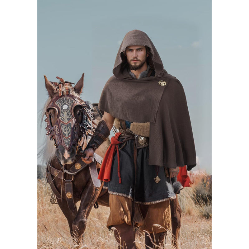 Medieval Hooded Shawl Scarf Renaissance Post Apocalyptic Cowl Hood Cloak With Face Cover Brooch Costume Accessories