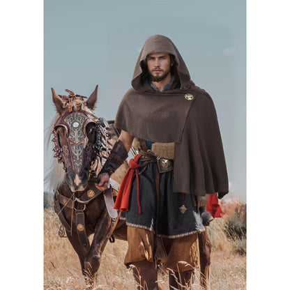 Medieval Hooded Shawl Scarf Renaissance Post Apocalyptic Cowl Hood Cloak With Face Cover Brooch Costume Accessories