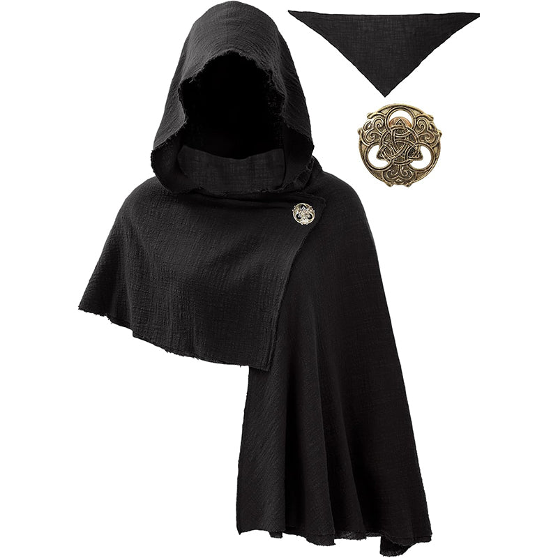 Medieval Hooded Shawl Scarf Renaissance Post Apocalyptic Cowl Hood Cloak With Face Cover Brooch Costume Accessories