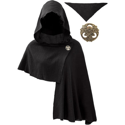 Medieval Hooded Shawl Scarf Renaissance Post Apocalyptic Cowl Hood Cloak With Face Cover Brooch Costume Accessories